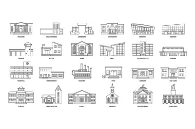 Line art government buildings. University exterior, city hospital and