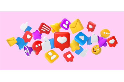 Social media 3d concept. Thumbs up, heart like and smile emoji. Favour