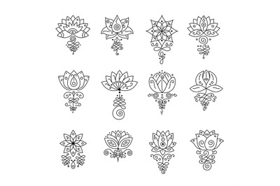 Unalome lotus. Bohemian flower tattoo, buddhism life path sign and zen