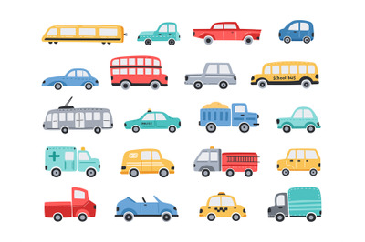 Funny cars. Colourful public transport&2C; cute town vehicle for kids. Ci