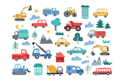 Cute cars. Construction vehicles and city transport. Hand drawn simple