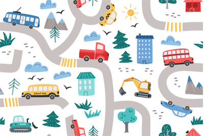 City road pattern. Kids town print with cute little cars&2C; town transpo