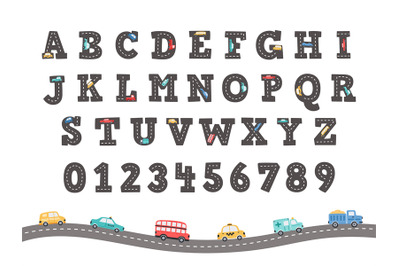 Road alphabet. Funny letters and numbers with hand-drawn trucks and ca