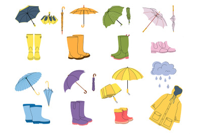 Accessories for rainy weather. Rain boots, raincoat and umbrella. Rubb