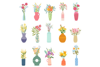 Flowers in vase. Elegant bouquets, bunch of blooming garden plants in