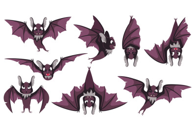 Cartoon bat character. Scary night vampire animal, flying bats in diff