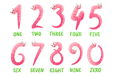 Worm number. Cartoon earthworms count and numbers learning for kids. F