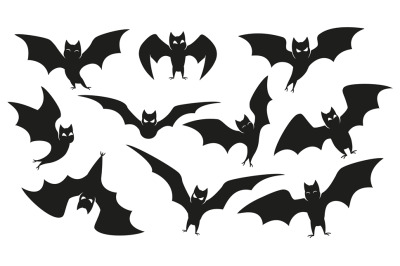 Halloween bat silhouette. Flying wings shape, horror vampire bats and