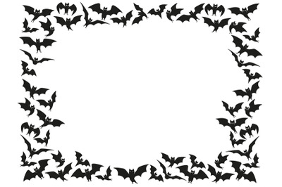 Halloween bats frame. Flock border, flying bat background and spooky n