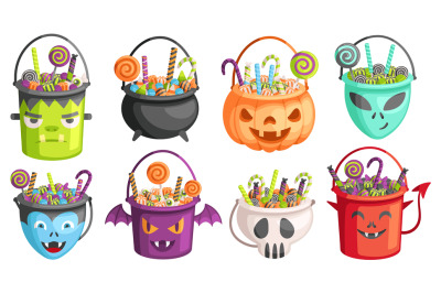 Halloween buckets. Trick or treat bags, pumpkin bucket with candies an