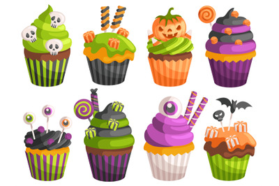 Halloween cupcakes. Spooky decorated muffins, themed small cakes for 3