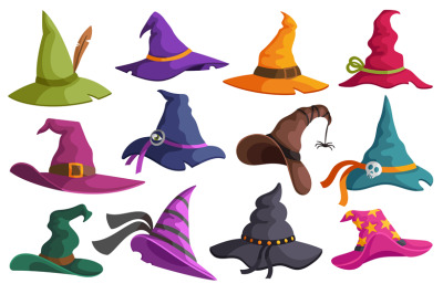 Halloween hats. Witch costume cap, autumn holiday sorceress or magicia