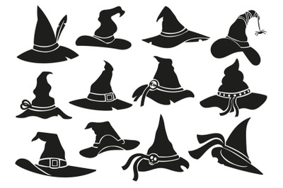 Witch hat stencil icons. Halloween sorceress cap&2C; wizard hat silhouett