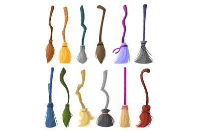 Witch brooms. Magic halloween broomstick, wizard broom and old wooden