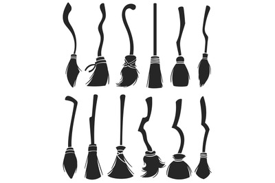 Stencil witch brooms. Magic halloween broomstick, cleaning brush stick