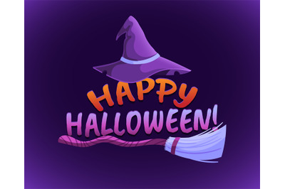 Happy Halloween banner. Card with witch broom and wizard hat, hallowee