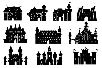 Castle silhouettes. Royal tower exterior, medieval kingdom palace and