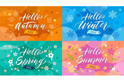 Season Sale banners. Autumn promo, hello winter label, spring letterin