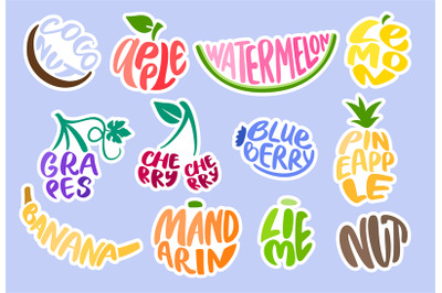 Fruits lettering. Calligraphy food badges, cherry and coconut typograp