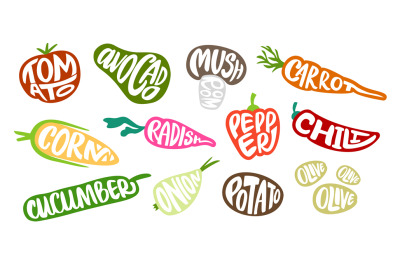 Vegetables lettering. Grocery badges with typographical vegetable name