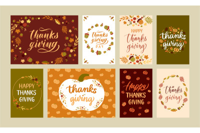 Thanksgiving day cards. Autumn holiday lettering with fall leaves and