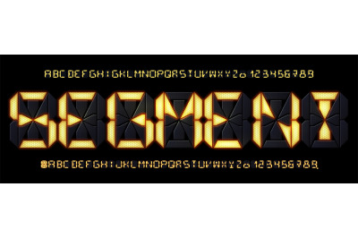 Segmented display font. Digital calculator lcd screen letters and coun