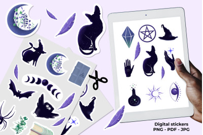 Witchy stickers printable, witchcraft goodnotes stickers