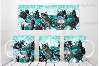 Turquoise Gothic Mug PNG |Floral Skull Mug Wrap