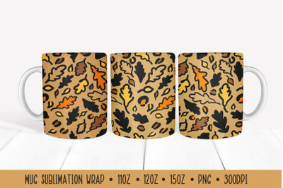 Colorful Fall Leaves Mug Wrap. Leopard Print Sublimation Mug