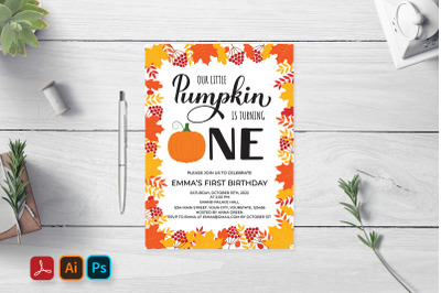Pumpkin First Birthday Invitation Editable Template