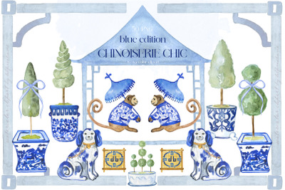 Chinoiserie Chic Topiary. Blue Watercolor Clipart