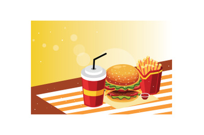 Burger and fries with cold drink