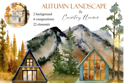 Autumn forest landscape watercolor clipart