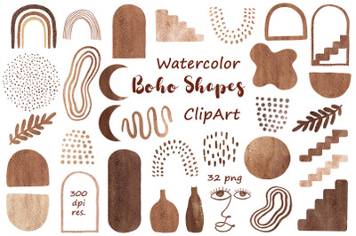 Watercolor Boho Shapes Clipart, Abstract elements PNG