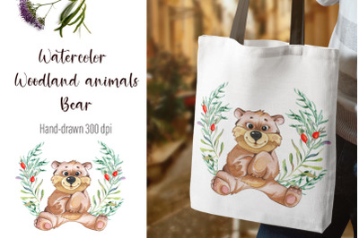 Watercolor bear and beautiful wreath PNG for sublimation