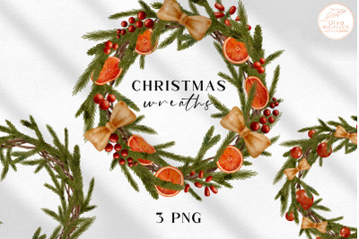 Christmas Wreaths Clipart Set. 3 Winter Greenery Frames PNG