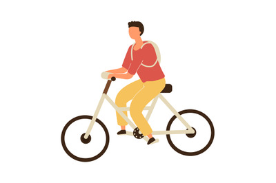 Man riding on bicycle. Vector male character in casual clothes and bac