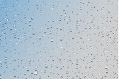 Water drops. Realistic rain droplets on window. Shower glass. Aqua dri