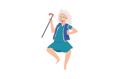 Funny happy senior female. Cartoon old dancing woman. Grandmother acti