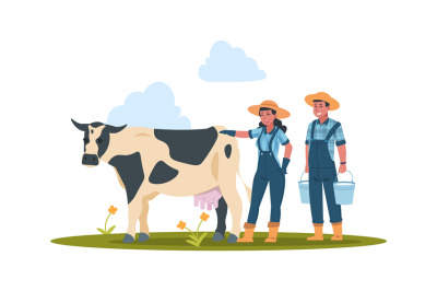 Farmers with cow. Characters doing farming job. Man and woman take car