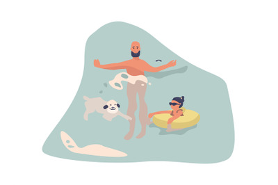 People at beach. Cartoon man with dog in water. Cute girl swimming on