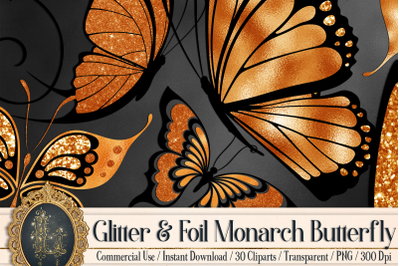 30 Orange Monarch Foil and Glitter Butterfly PNG Image Isolated