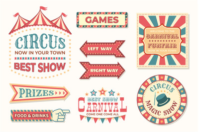 Circus vintage banner. Carnival retro signs. Collection of stylized po