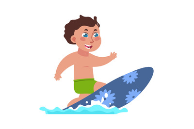 Kids surfing. Boy riding board on waves. Extreme water sport. Active p