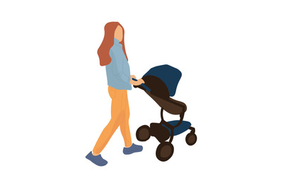 Trendy mother with baby carriage. Cartoon woman rolls toddler stroller