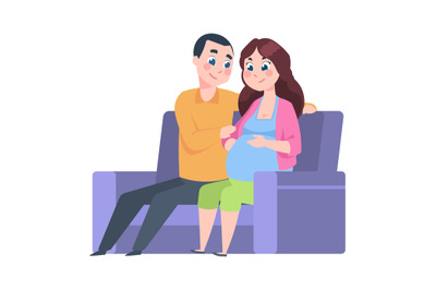 Young parents at home. Future father and pregnant woman sitting on sof