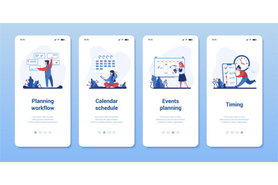 Time management application. Smartphone onboarding screens for plannin