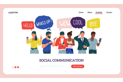 People with phones landing page. Social communication concept with car