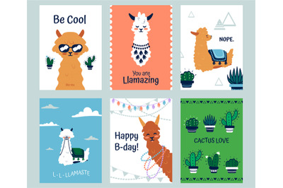 Lama posters. Banners with cartoon alpacas and clipart graphic element