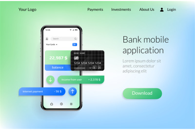 Banking app landing page. Mobile payment and financial account, smartp